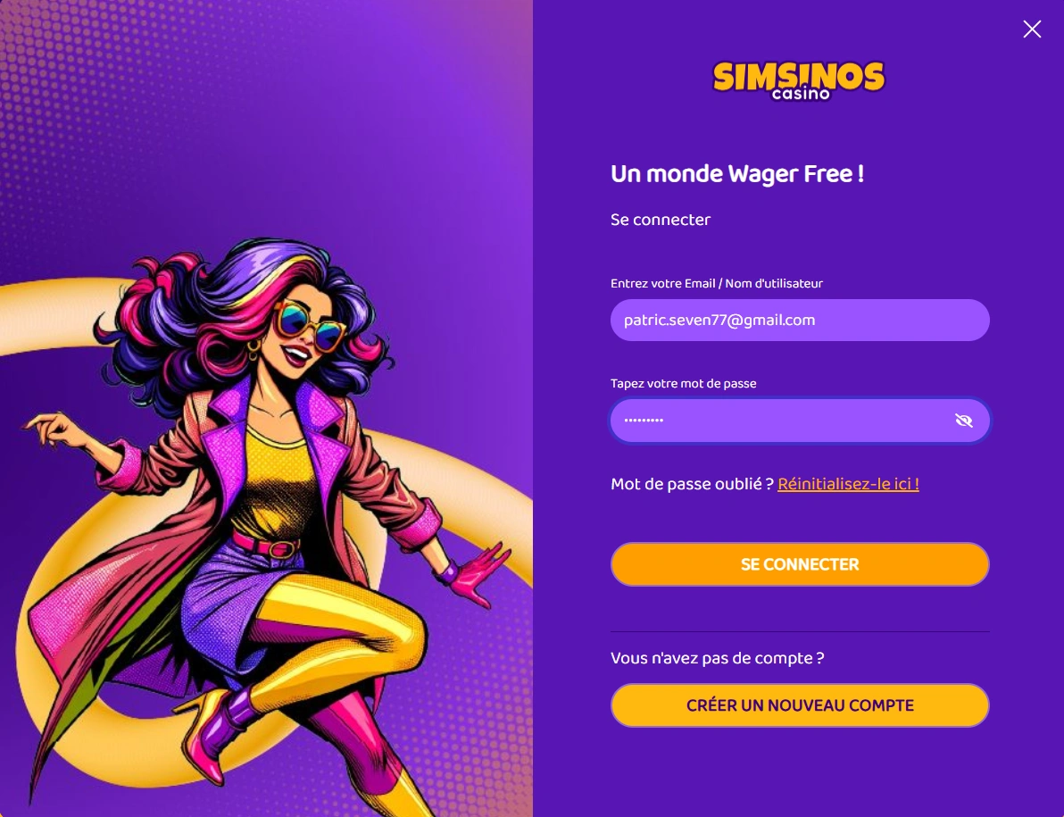 Page de connexion Simsinos casino